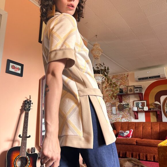 1960s MOD argyle print yellow and grey collared dagger collar short sleeved blou - Picture 2 of 10